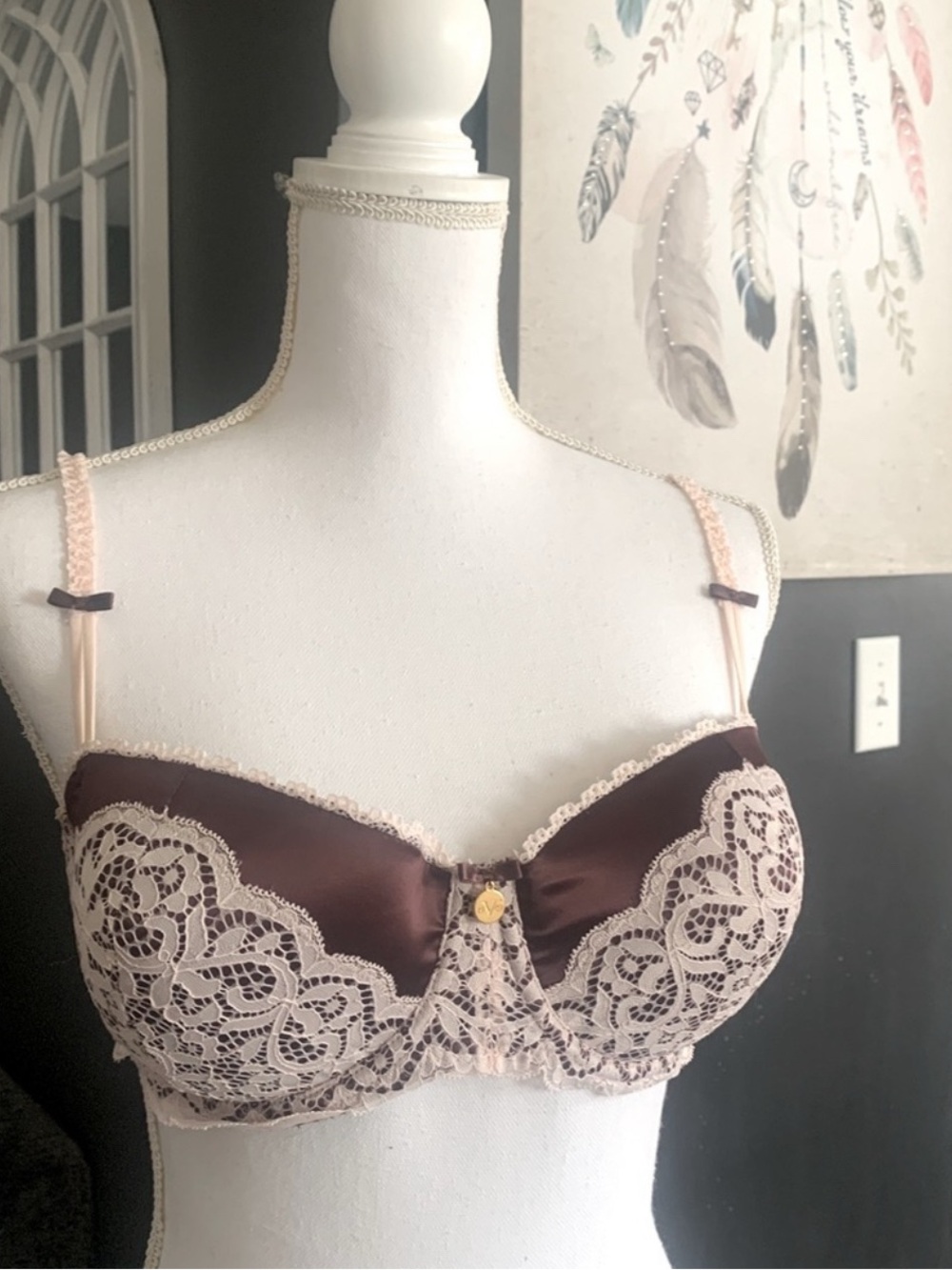 Satin and Lace Balconette Bra in Brown and Blush